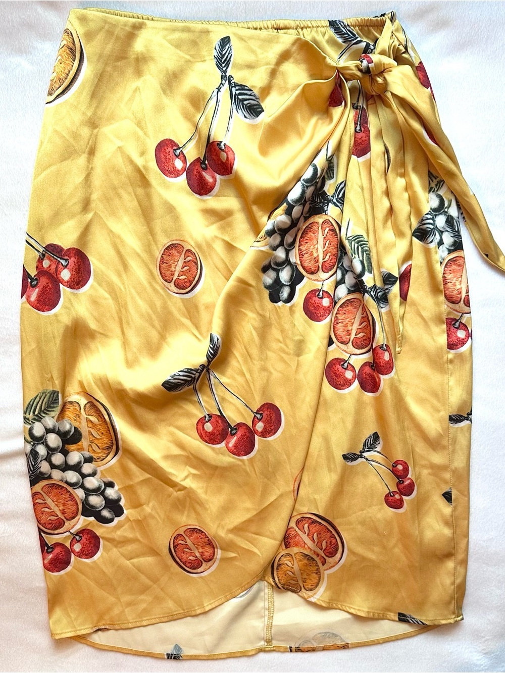 Show Me Your Mumu Anjolie Wrap Skirt in Fruit Basket S Yellow Red Cherry Citrus
